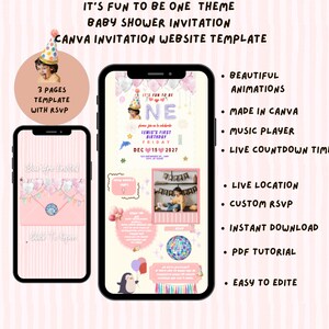 Può includere: Un modello di invito digitale per una festa di primo compleanno, visualizzato su due smartphone. Il design presenta strisce rosa e bianche, la foto di un bambino con un cappellino da festa, una palla da discoteca, un pinguino e il testo IT'S FUN TO BE ONE.