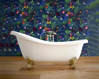 Floral Botanical Wallpaper, Indigo Tropical Design, Bold Home Décor, Feature Wall