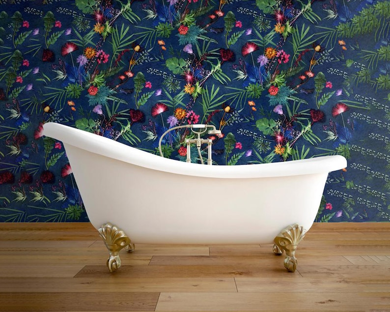 Floral Botanical Wallpaper, Indigo Tropical Design, Bold Home Décor, Feature Wall image 1