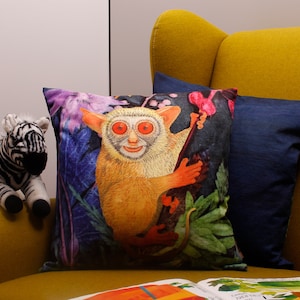 Tropical Bush Baby Sofa Cushion Gift Idea, Lindo Monkey Bush Baby Gifts, Animal Print Sofa Cushion, Animal Print Fabric, Monkey Cushion Cover
