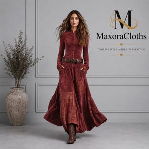 Women’s Vintage Maxi Dress, Long Sleeve Button Front Dress, Boho Flowy Dress, Elegant Modest Dress, Casual Fall Winter Dress