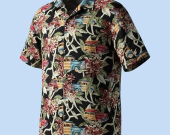 Vintage classic car woody Hawaiian Aloha Ford Chevy shirt Men L USA hot rod