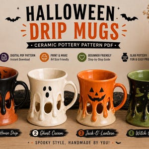 May include: A digital PDF pattern for Halloween drip mugs featuring four ceramic designs: a black haunted house, a cream ghost, an orange jack-o'-lantern, and a green witch cauldron. The text includes HALLOWEEN DRIP MUGS and CERAMIC POTTERY PATTERN PDF.