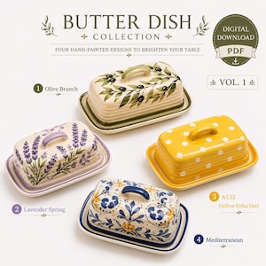 Può includere: Una collezione PDF in download digitale di quattro design per burriere. Il set include un motivo a ramo d'ulivo, un motivo floreale primaverile di lavanda, un design a pois gialli e un motivo mediterraneo blu e giallo su piatti rettangolari.