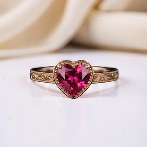 1.00 CT Heart Cut Ruby Ring, Vintage Floral Engagement Ring, Romantic Red Gemstone Ring, Antique Style Promise Ring, Handmade Ring 5x5 MM