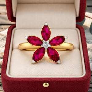 Ruby Flower Ring, Marquise Cut Red Gemstone Floral Ring, 14K Solid Gold Statement Ring, Romantic Nature Inspired Jewelry, Handmade Ring.