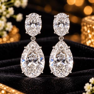 14k Gold Earrings, Oval & Pear Cut Moissanite Diamond Drop Earrings, Bridal Statement Dangle Earrings, Anniversary Gift for Her