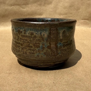 Signed Studio Pottery Bowl Dated 1999 | Handmade Stoneware Planter | Blue & Brown Drip Glaze Ceramic Bowl | Rustic Artisan Pottery