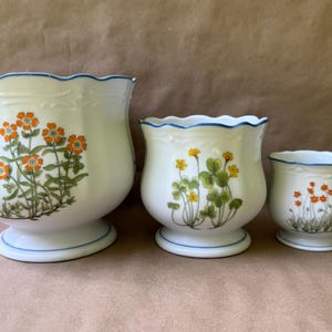 May include: Three white ceramic planters of varying sizes with scalloped rims and blue trim. Each planter features a botanical illustration of green stems with orange or yellow flowers. The planters have a pedestal base and a smooth finish.