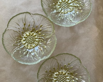 Vintage Gold Iridescent Flower Glass Bowls Set of 3 | 6” Floral Dessert Bowls | Luster Glass | Cottagecore Kitchen Decor
