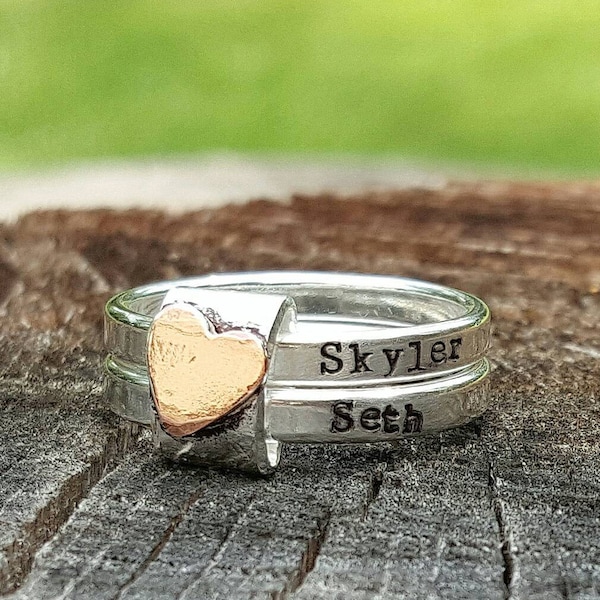 Mütter rustikale Stapelringe, personalisierte Ringe, Mutter Ring Set, Sterling Silber, Hand gestempelt, Geschenk für sie, Geburtstagsgeschenk