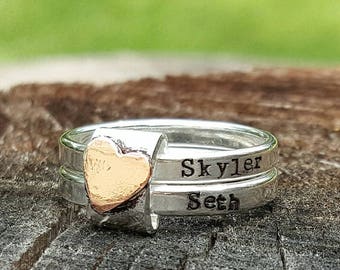 Mothers rustic stacking rings, personalized rings, mother ring set, sterling silver, hand stamped, gift for her, anniversary gift