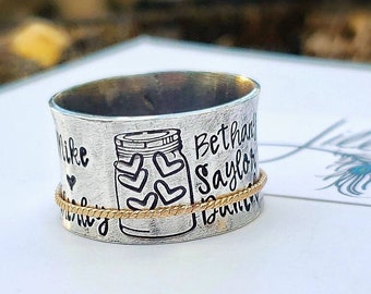 Mothers love hearts ring, personalized valentines ring, mothers ring, silver spinner ring, fidget ring, meditation ring, wedding ring