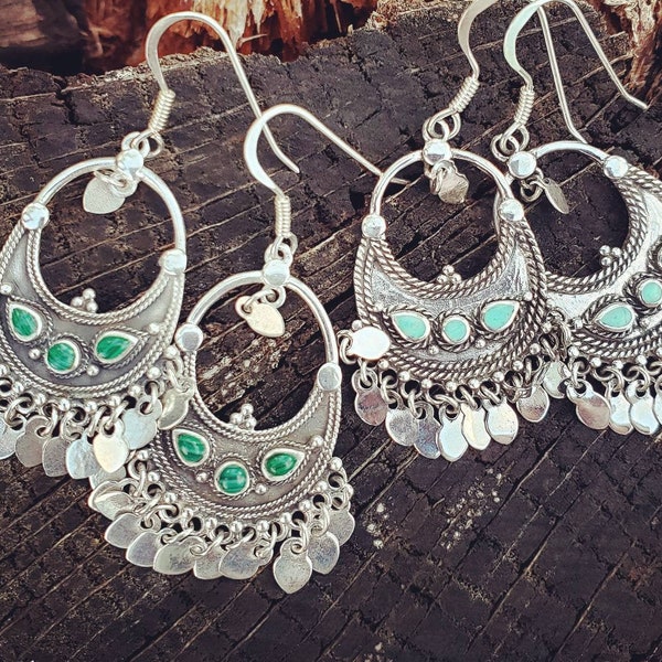 Turquoise kroonluchter oorbel, boho oorbellen, malachiet oorbellen, sterling zilveren oorhaakjes, verjaardagscadeau, westerse turquoise oorbel