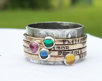 Personalized Gold mothers ring, Mothers ring birthstones, spinner ring, custom hand stamped mothers ring, anniversary ring gift