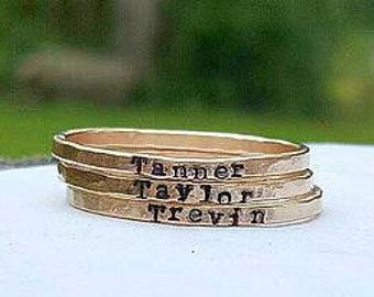Personalized gold stacking rings, hand stamped ring, gold ring band, personalized mothers ring, gold wedding band, hammered ring