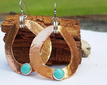 Copper & turquoise hoop earrings, hammered copper, copper anniversary gift, boho earring, gift for her, gypsy, artisan, rustic copper