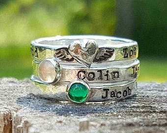 mothers ring stackable, custom hand stamped ring, mothers birthstone ring, angel heart wing, angel ring, mom to be gift, gift,  push gift