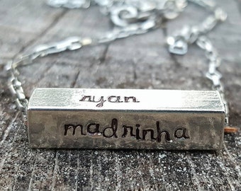 Mothers bar necklace, name bar necklace, custom stamped necklace, 4 sided bar, gift for mom, personalized birthstone jewelry, leather