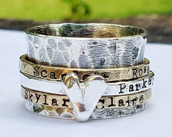 Personalized spinner ring, hand stamped ring, gold fidget ring, wedding ring band, couples ring, worry ring, anniversary gift