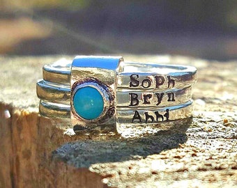 Mothers birthstone stacking rings, personalized rings, mother ring set, sterling silver, hand stamped, gift for her, anniversary gift