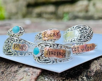 Stackable sterling spoon ring, personalized faith ring, turquoise ring, vintage spoon ring, upcycled ring, mothers gift, estate ring, wrap