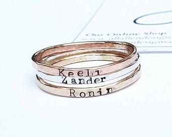 Personalized stacking rings, rose gold ring, sterling silver ring, stamped ring, gold ring band, personalized mothers ring, hammered ring