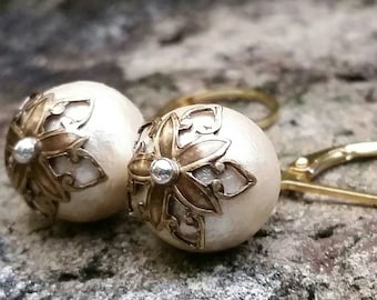 Cotton pearl earrings, cotton anniversary gift, gold & pearl earrings, gold lever back earrings, pearl drop earrings, wedding earrings