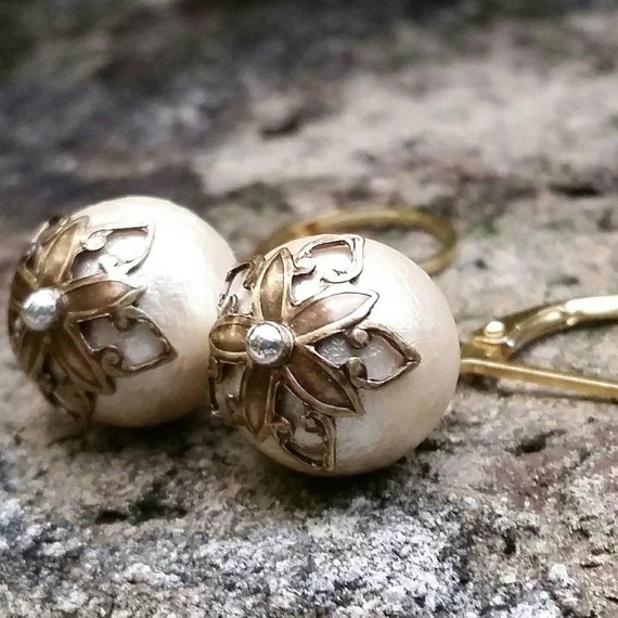 Cotton pearl earrings cotton anniversary gift gold & pearl Etsy