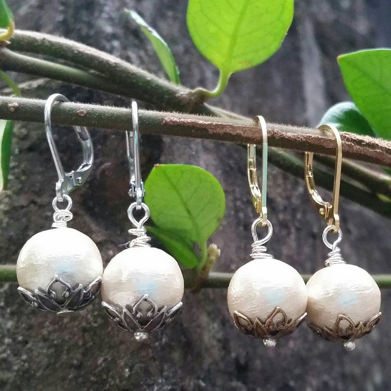 Cotton pearl earrings, cotton anniversary gift, silver & pearl earrings, 2nd anniversary gift, pearl drop earrings, wedding earrings image 3