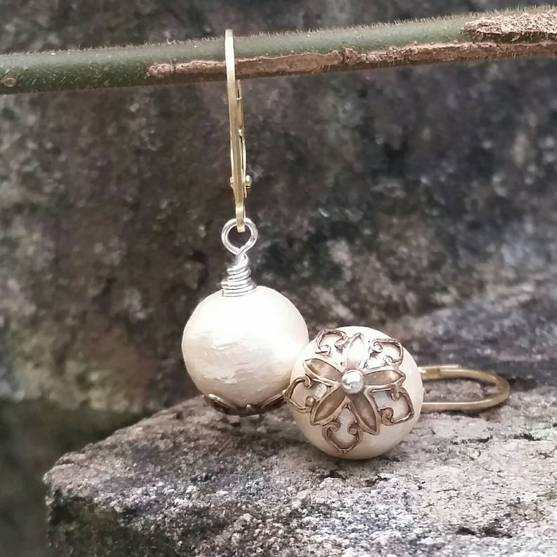 Cotton pearl earrings cotton anniversary gift gold & pearl Etsy