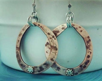 Copper hoop earrings-hoop earrings- dangle earrings- sterling hoops-the artisan group- artisan jewelry-hammered copper earrings