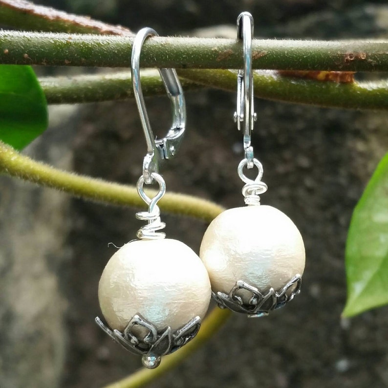 Cotton pearl earrings, cotton anniversary gift, silver & pearl earrings, 2nd anniversary gift, pearl drop earrings, wedding earrings image 2