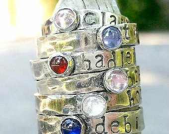 Personalized birthstone Ring, Sterling silver ring, birthday gift, stacking ring, hand stamped ring, mothers ring, gift for her, gemstone