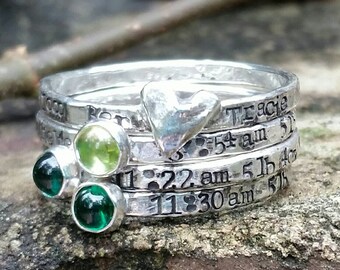 Personalized mothers stacking ring, custom hand stamped ring, silver mothers ring, mother gift, mom to be gift, Grandmother gift,  push gift