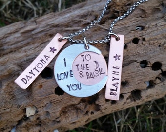 Personalized I love you to the moon and back necklace, Hand stamped jewelry, Mothers jewelry gift, engraved moon necklace, gift for her