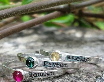 Mothers birthstone ring, Personalized birthstone Ring, Sterling silver ring, mothers stacking ring, gift for her, hand stamped ring