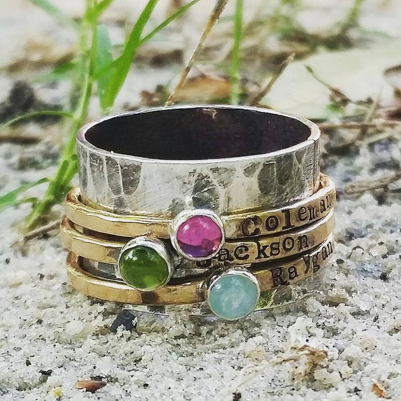 Personalized Gold mothers ring Mothers ring birthstones spinner ring custom hand stamped mothers ring anniversary ring gift