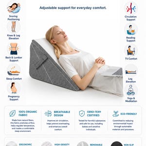 May include: A gray wedge-shaped 12-position support pillow by dizanor. The pillow features a removable cover, high-density foam, and a non-slip base. The graphic includes text detailing features like organic fabric, breathable design, and Oeko-Tex certification.