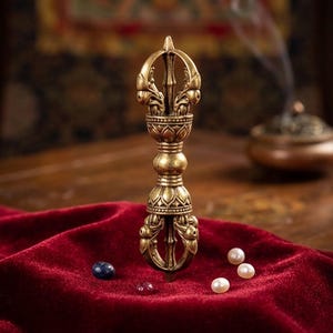 Pode incluir: Um objeto ritual vajra em metal dourado com entalhes intrincados de pétalas de lótus e pontas simétricas em ambas as extremidades. O objeto é exibido na vertical, acompanhado por três pequenas pérolas brancas, uma pedra azul escura e uma pedra vermelha.
