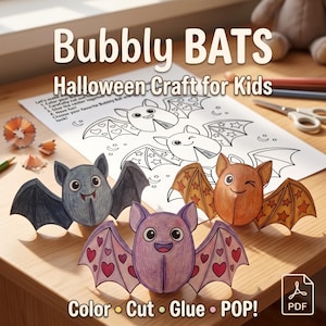 Puede incluir: Tres murciélagos de papel tridimensionales en azul, naranja y morado, cada uno con patrones de alas únicos como estrellas y corazones. Detrás hay una hoja de instrucciones titulada Bubbly BATS Halloween Craft for Kids con ilustraciones de líneas en blanco y negro de murciélagos.