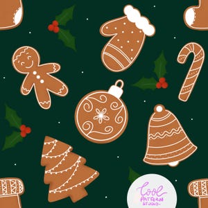 Gingerbread Cookies Seamless Pattern, Cute Holiday Surface Pattern, Seamless Christmas Cookie Pattern, Christmas Fabric Print.