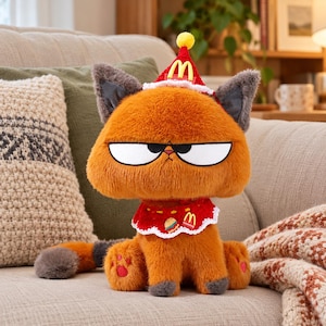 Könnte beinhalten: Ein orangefarbenes Plüschkatzenspielzeug mit mürrischem Gesichtsausdruck, das einen roten Partyhut mit gelbem Bommel und McDonald's-Logo trägt. Die Katze hat einen roten, gewellten Kragen mit gestickten McDonald's-Lebensmittelsymbolen und einem gelben Logo sowie graue Ohren und Pfoten.
