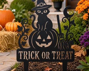 Cartello da giardino personalizzato per Halloween, paletto in metallo per esterni, zucca, fantasma, pipistrello, decorazione autunnale spettrale per il prato, cartello da giardino "Dolcetto o scherzetto?"