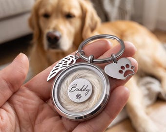 Könnte beinhalten: Ein silberfarbener, runder Medaillon-Schlüsselanhänger mit einer mittigen Scheibe, die den Namen Buddy und einen kleinen Pfotenabdruck trägt. Das Medaillon enthält ein Büschel helles Fell und ist mit einem Flügelanhänger sowie einem Herz mit Pfotenausschnitt versehen.