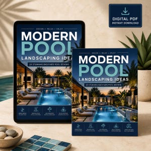 Puede incluir: Una descarga digital en PDF con una portada titulada Modern Pool Landscaping Ideas con 20 impresionantes diseños de piscinas. La portada muestra una escena nocturna de una piscina con tumbonas, palmeras y una cálida iluminación exterior.