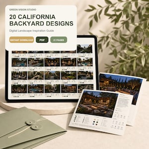 May include: A digital landscape inspiration guide titled 20 California Backyard Designs by Green Vision Studio. The guide is displayed on a tablet screen and a printed page, featuring 21 pages of backyard layouts, color palettes, and icons.