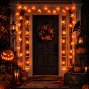 Pode incluir: Uma porta de entrada escura decorada para o Halloween com luzes de corda de folhas de bordo laranja, uma guirlanda floral, abóboras esculpidas e lanternas com velas. Uma placa preta com o texto HALO & HEARTH é visível à direita.