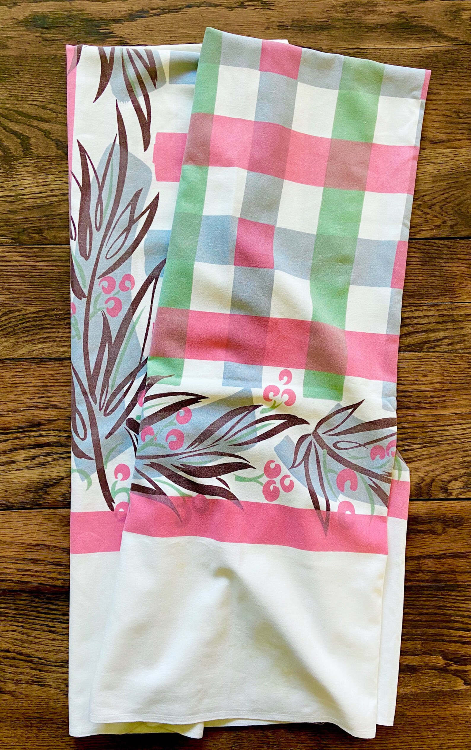 Vintage Floral Tablecloth Leaf Checked Mid Century Etsy