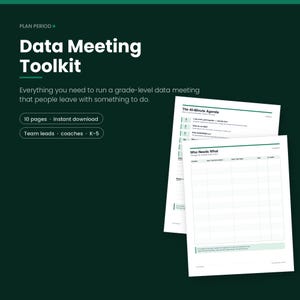Puede incluir: Un kit de herramientas para reuniones de datos digital con fondo verde oscuro y texto blanco. El documento incluye un conjunto de 10 páginas con la agenda de 40 minutos y una cuadrícula Who Needs What para líderes de equipo, coaches y K-5.